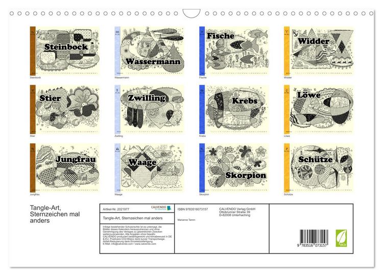 Produktbild: Tangle-Art, Sternzeichen mal anders (Wandkalender 2026 DIN A3 quer), CALVENDO Monatskalender