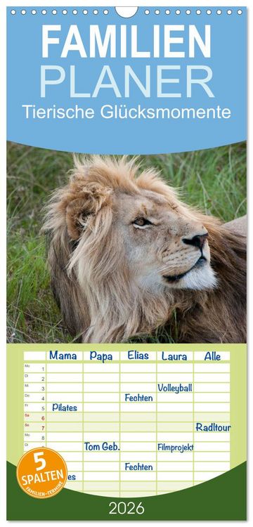 Produktbild: Familienplaner 2026 - Tierische Gl&uuml;cksmomente mit 5 Spalten (Wandkalender, 21 x 45 cm) CALVENDO