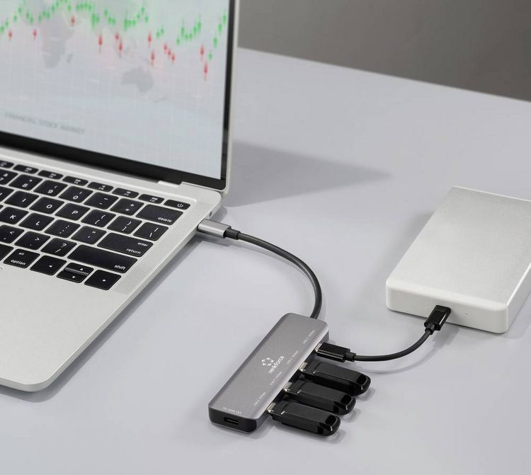 Produktbild: Renkforce RF-6872246 USB-Hub 4 Port USB-C&reg; USB 3.2 Gen2 10 GBit/s mit Aluminiumgeh&auml;use, mit USB-C&reg; Stecker Grau RF-USBCH-220