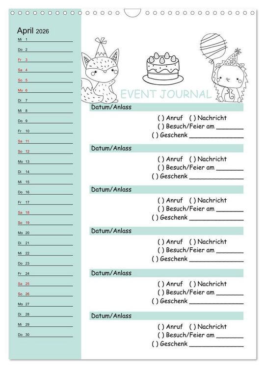 Produktbild: Geburtstagsplaner Doodle Tiere - F&uuml;r Termine, Geschenke, Eventdetails & mehr (Wandkalender 2026 DIN A3 hoch), CALVENDO Monatskalender