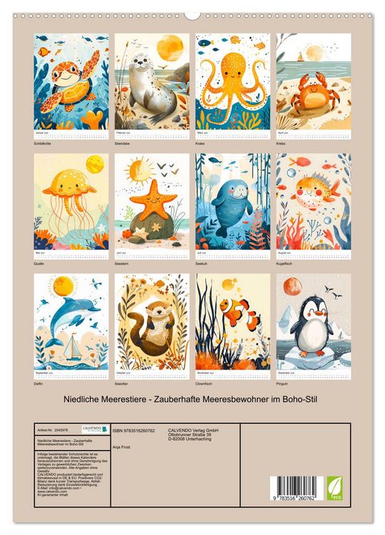 Produktbild: Niedliche Meerestiere - Zauberhafte Meeresbewohner im Boho-Stil (hochwertiger Premium Wandkalender 2026 DIN A2 hoch), Kunstdruck in Hochglanz