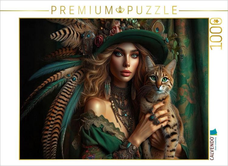 Produktbild: CALVENDO Puzzle Geheimnisvolle Frau mit gr&uuml;nem Hut tr&auml;gt eine Bengal Katze auf dem Arm | 1000 Teile Lege-Gr&ouml;&szlig;e 64x48cm Foto-Puzzle f&uuml;r gl&uuml;ckliche Stun