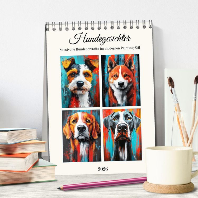 Produktbild: Hundegesichter. Kunstvolle Hundeportraits im modernen Painting-Stil (Tischkalender 2026 DIN A5 hoch), CALVENDO Monatskalender