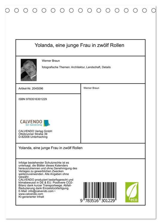 Produktbild: Yolanda, eine junge Frau in zw&ouml;lf Rollen (Tischkalender 2026 DIN A5 hoch), CALVENDO Monatskalender