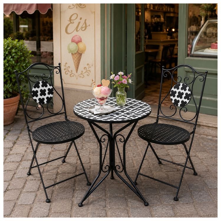 Produktbild: HTI-Living Sitzgruppe Metall schwarz Black and White Tisch mit 2 St&uuml;hlen Balkon Set