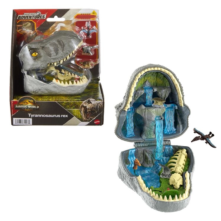 Produktbild: Jurassic World: Die Wiedergeburt, kleines Abenteuer-Spielset in Form eines Tyrannosaurus rex-Kopfes, interaktive Funktionen und Figuren