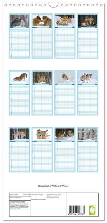 Produktbild: Familienplaner 2027 - Kanadische W&ouml;lfe im Winter mit 5 Spalten (Wandkalender, 21 x 45 cm) CALVENDO