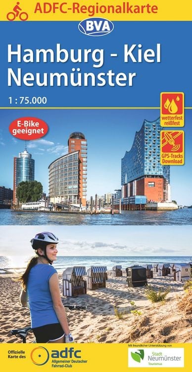 Produktbild: ADFC-Regionalkarte Hamburg/Neum&uuml;nster/Kiel 1:75.000, rei&szlig;- und wetterfest, mit GPS-Tracks-Download