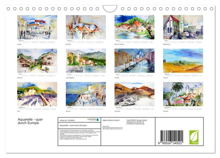 Produktbild: Aquarelle - quer durch Europa (Wandkalender 2026 DIN A4 quer), CALVENDO Monatskalender