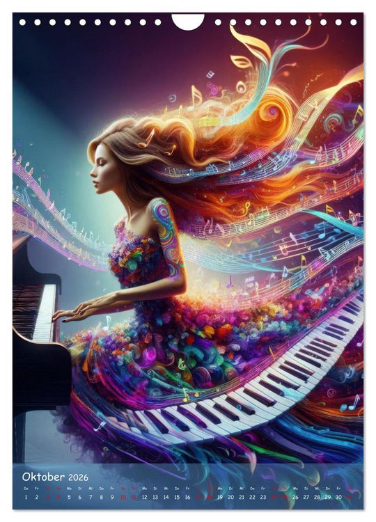 Produktbild: Musikalische Magie &ndash; Frauen in klangvollen Kleidern aus Noten und Farbe (Wandkalender 2026 DIN A4 hoch), CALVENDO Monatskalender