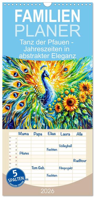 Produktbild: Familienplaner 2026 - Tanz der Pfauen - Jahreszeiten in abstrakter Eleganz mit 5 Spalten (Wandkalender, 21 x 45 cm) CALVENDO