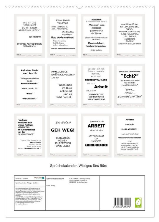 Produktbild: Spr&uuml;chekalender. Witziges f&uuml;rs B&uuml;ro (hochwertiger Premium Wandkalender 2026 DIN A2 hoch), Kunstdruck in Hochglanz