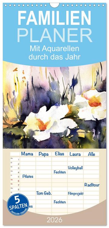 Produktbild: Familienplaner 2026 - Mit Aquarellen durch das Jahr mit 5 Spalten (Wandkalender, 21 x 45 cm) CALVENDO