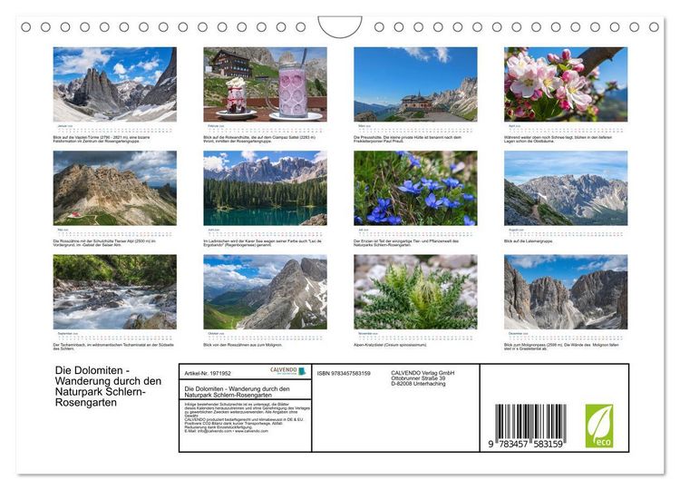 Produktbild: Die Dolomiten - Wanderung durch den Naturpark Schlern-Rosengarten (Wandkalender 2026 DIN A4 quer), CALVENDO Monatskalender