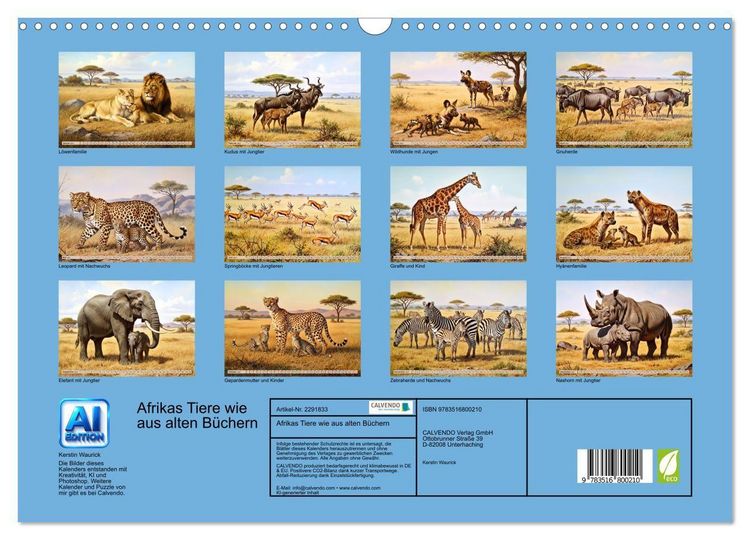 Produktbild: Afrikas Tiere wie aus alten B&uuml;chern (Wandkalender 2027 DIN A3 quer), CALVENDO Monatskalender