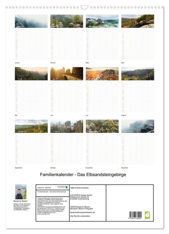 Produktbild: Familienkalender - Das Elbsandsteingebirge (Wandkalender 2027 DIN A2 hoch), CALVENDO Monatskalender