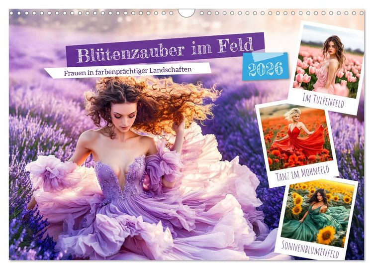 Produktbild: Bl&uuml;tenzauber im Feld - Frauen in farbenpr&auml;chtiger Landschaften (Wandkalender 2026 DIN A3 quer), CALVENDO Monatskalender