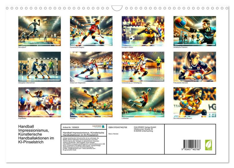 Produktbild: Handball Impressionismus, K&uuml;nstlerische Handballaktionen im KI-Pinselstrich (Wandkalender 2026 DIN A3 quer), CALVENDO Monatskalender