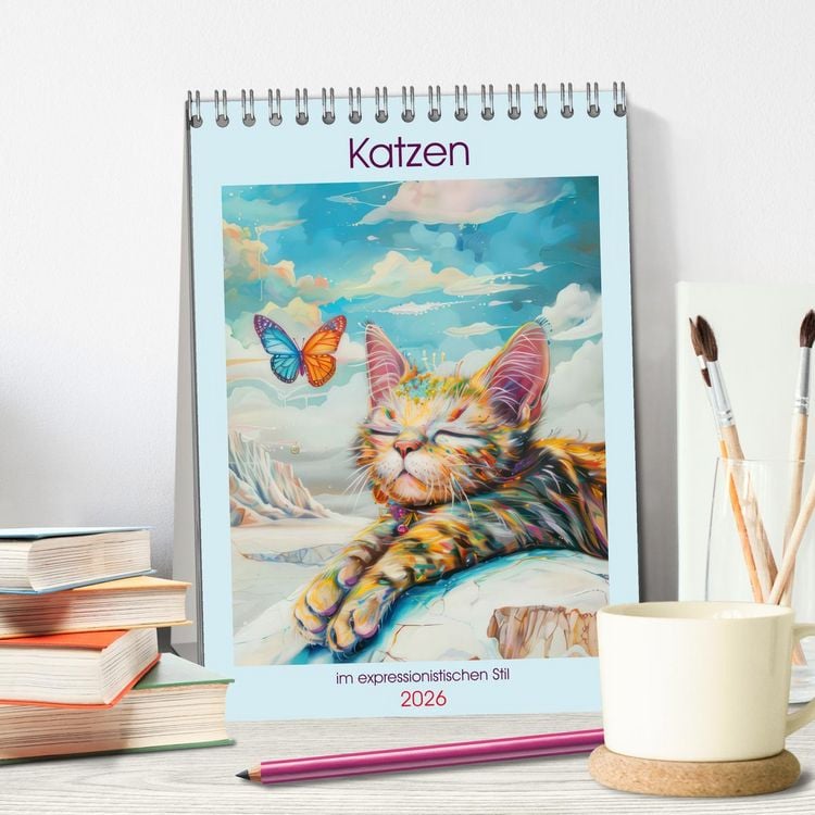 Produktbild: Katzen im expressionistischen Stil (Tischkalender 2026 DIN A5 hoch), CALVENDO Monatskalender