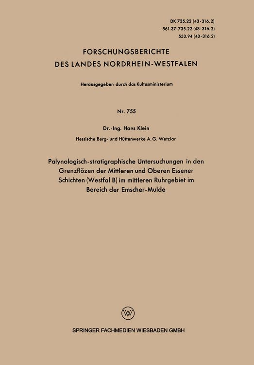 Produktbild: Palynologisch-stratigraphische Untersuchungen in den Grenzfl&ouml;zen der Mittleren und Oberen Essener Schichten (Westfal B) im mittleren Ruhrgebiet im Bereich der Emscher-Mulde