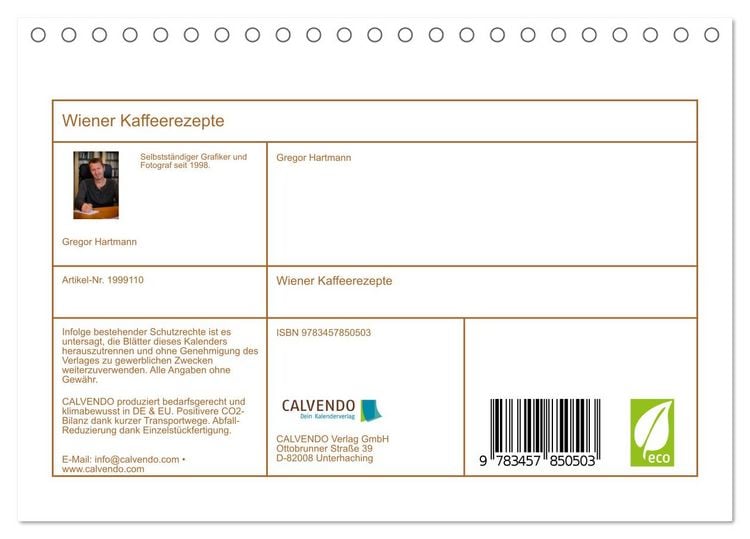 Produktbild: Wiener Kaffeerezepte (Tischkalender 2026 DIN A5 quer), CALVENDO Monatskalender