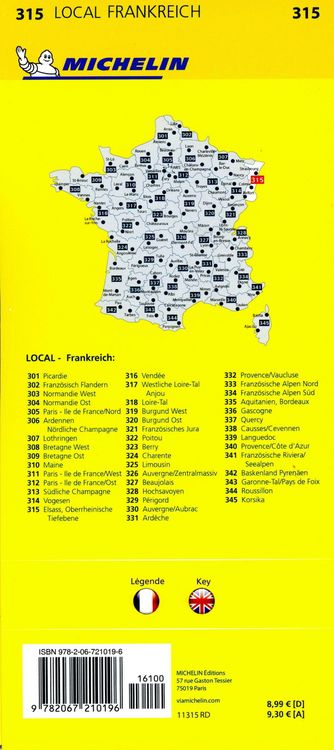 Produktbild: Michelin Localkarte Elsass Oberrheinische Tiefebene 1 : 150 000 (315)
