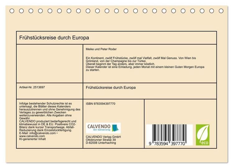 Produktbild: Fr&uuml;hst&uuml;cksreise durch Europa (Tischkalender 2027 DIN A5 quer), CALVENDO Monatskalender