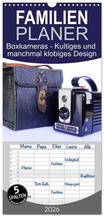 Produktbild: Familienplaner 2026 - Boxkameras - Kultiges und manchmal klobiges Design mit 5 Spalten (Wandkalender, 21 x 45 cm) CALVENDO