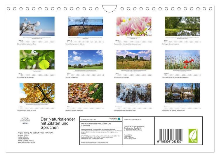 Produktbild: Der Naturkalender mit Zitaten und Spr&uuml;chen (Wandkalender 2027 DIN A4 quer), CALVENDO Monatskalender