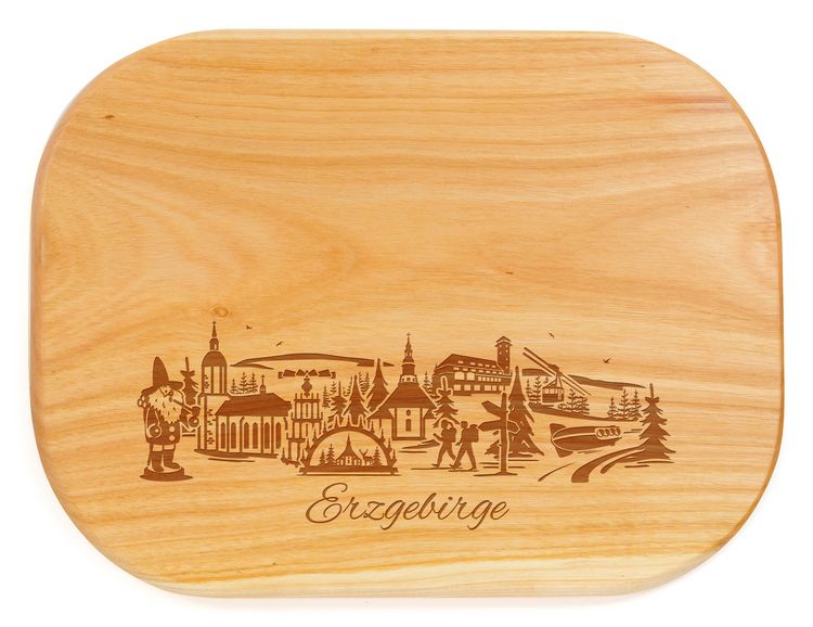 Produktbild: Abgerundetes Brotzeitbrett aus Kirschbaumholz, Motiv Erzgebirge