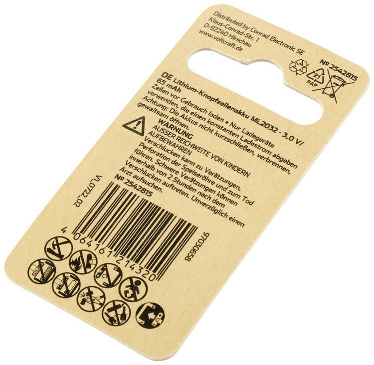 Produktbild: VOLTCRAFT Knopfzellen-Akku ML2032 Lithium 65 mAh 3V 1St.