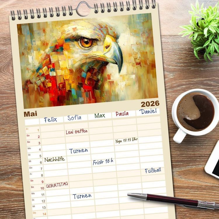 Produktbild: Familienplaner 2026 - Majest&auml;ten der L&uuml;fte. Raubv&ouml;gel zwischen Himmel und Kunst mit 5 Spalten (Wandkalender, 21 x 45 cm) CALVENDO