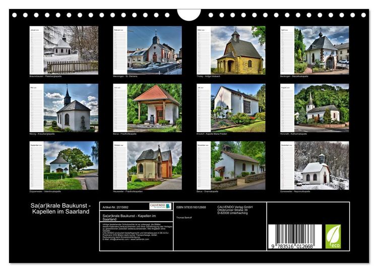 Produktbild: Sa(ar)krale Baukunst - Kapellen im Saarland (Wandkalender 2026 DIN A4 quer), CALVENDO Monatskalender