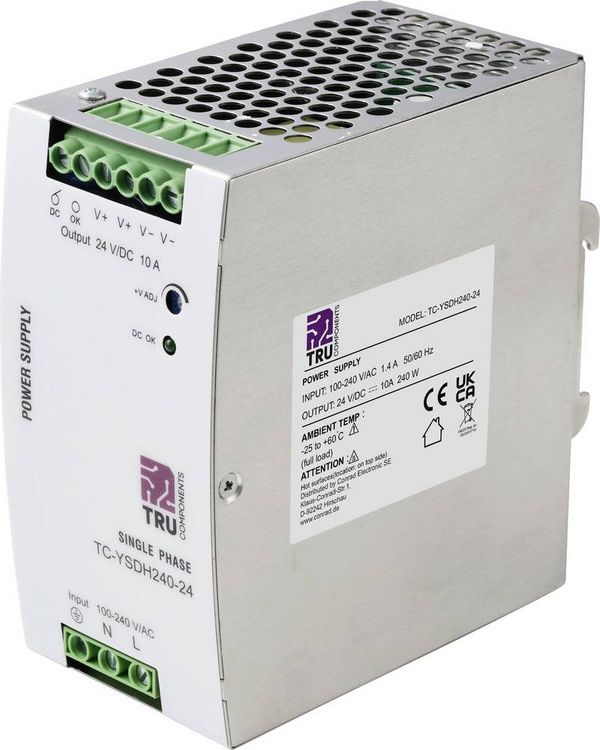 Produktbild: TRU COMPONENTS TC-13850160 Hutschienen-Netzteil (DIN-Rail) 24 V/DC 10 A 240 W Anzahl Ausg&auml;nge:1 x Inhalt 1 St.