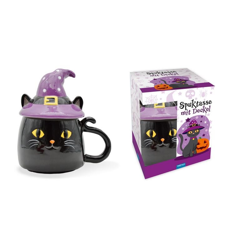 Produktbild: Tr&ouml;tsch Spuktasse mit Deckel Katze Keramiktasse Halloween