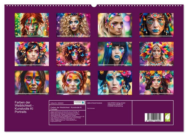 Produktbild: Farben der Weiblichkeit - Kunstvolle KI Portraits (hochwertiger Premium Wandkalender 2026 DIN A2 quer), Kunstdruck in Hochglanz
