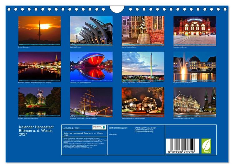 Produktbild: Kalender Hansestadt Bremen a. d. Weser, 2027 (Wandkalender 2027 DIN A4 quer), CALVENDO Monatskalender