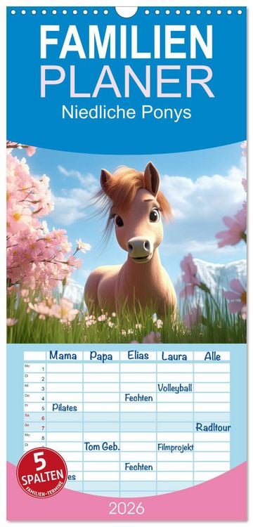 Produktbild: Familienplaner 2026 - Niedliche Ponys mit 5 Spalten (Wandkalender, 21 x 45 cm) CALVENDO