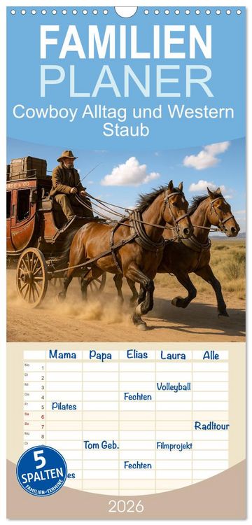 Produktbild: Familienplaner 2026 - Cowboy Alltag und Western Staub mit 5 Spalten (Wandkalender, 21 x 45 cm) CALVENDO