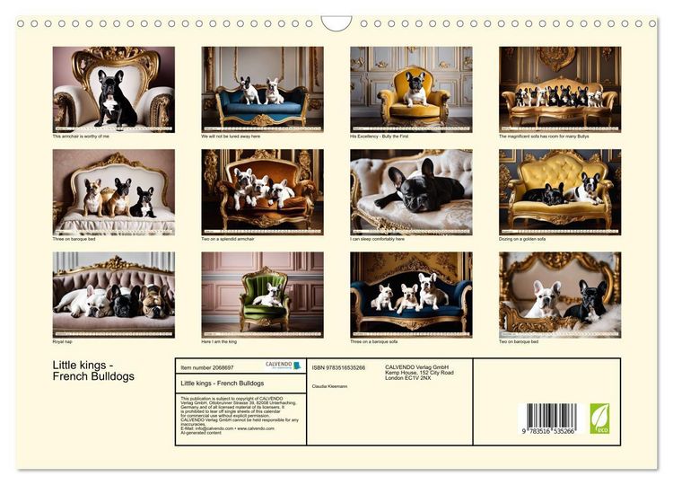 Produktbild: Little kings - French Bulldogs (Wall Calendar 2026 DIN A3 landscape), CALVENDO 12 Month Wall Calendar