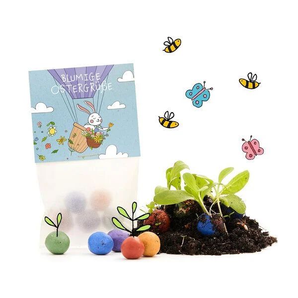 Produktbild: Bunte Blumenmurmeln 5er im Pergamin - Blumige Ostergrü&szlig;e Ballonhase