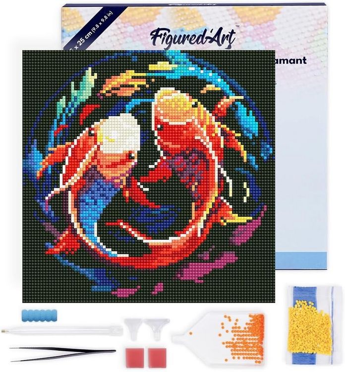 Produktbild: FiguredArt DP-SFA153-Y - Mini Diamond Painting, Bunte Koi-Karpfen, Leinwand-Keilrahmen (25x25cm), DIY Bastelset