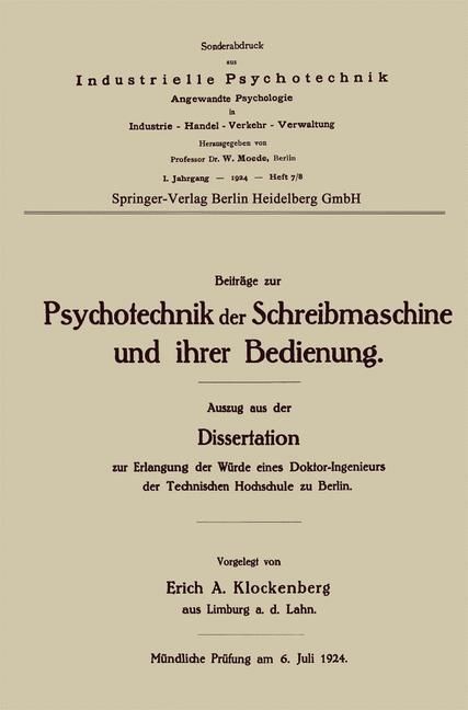 Produktbild: Beitr&auml;ge zur Psychotechnik der Schreibmaschine und ihrer Bedienung