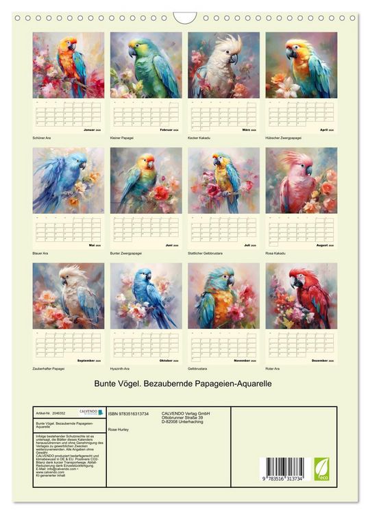 Produktbild: Bunte V&ouml;gel. Bezaubernde Papageien-Aquarelle (Wandkalender 2026 DIN A3 hoch), CALVENDO Monatskalender