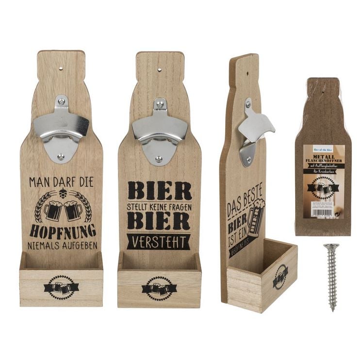Produktbild: Flaschen&ouml;ffner auf Holzbrett aus Metall 30x10cm