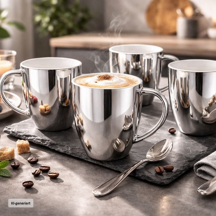 Produktbild: neuetischkultur Becher Set silberfarben mit Henkel 250 ml Porzellan 4 St&uuml;ck Kaffeebecher