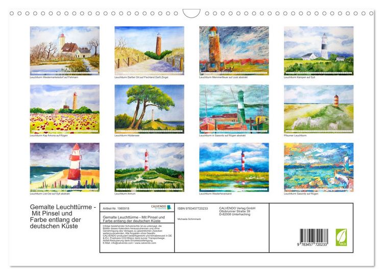 Produktbild: Gemalte Leuchtt&uuml;rme - Mit Pinsel und Farbe entlang der deutschen K&uuml;ste (Wandkalender 2026 DIN A3 quer), CALVENDO Monatskalender
