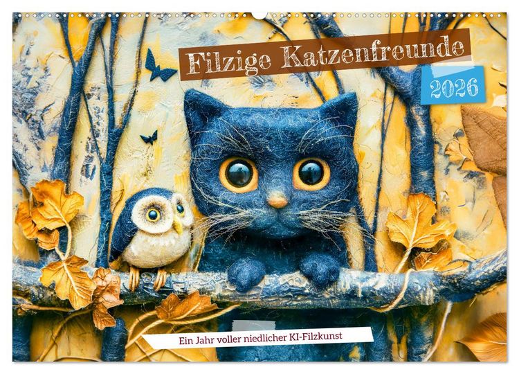 Produktbild: Filzige Katzenfreunde - Ein Jahr voller niedlicher KI-Filzkunst (Wandkalender 2026 DIN A2 quer), CALVENDO Monatskalender