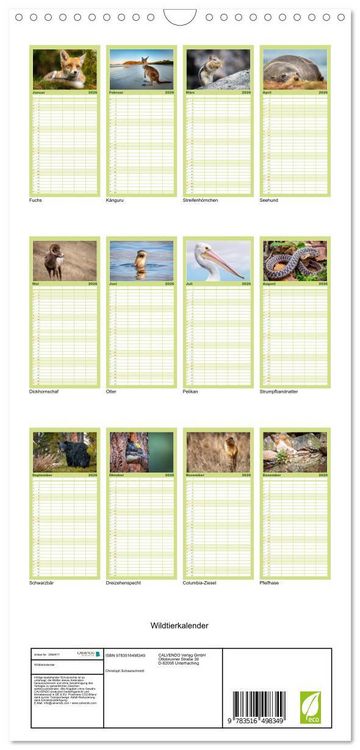Produktbild: Familienplaner 2026 - Wildtierkalender mit 5 Spalten (Wandkalender, 21 x 45 cm) CALVENDO
