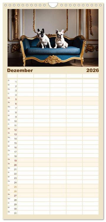 Produktbild: Familienplaner 2026 - Kleine K&ouml;nige - Franz&ouml;sische Bulldoggen mit 5 Spalten (Wandkalender, 21 x 45 cm) CALVENDO